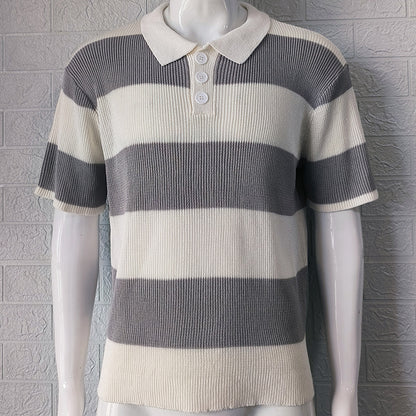 Beige and blue striped knit polo shirt with acrylic lapel collar, short sleeves, by My Store
