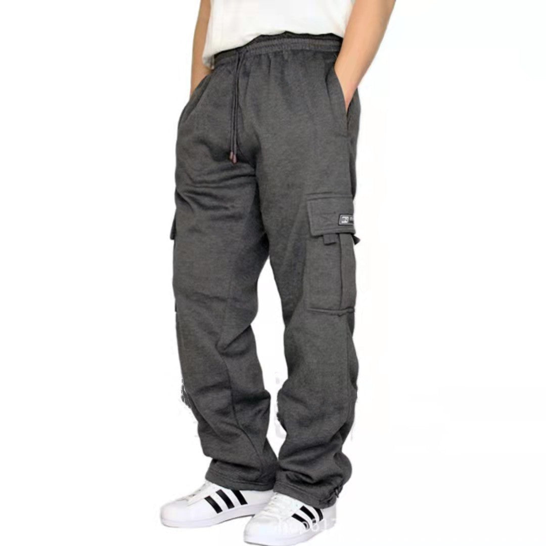 Red elastic waist cargo joggers by My Store, featuring breathable fabric and casual style.