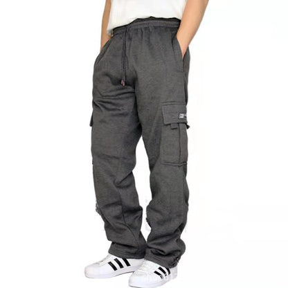 Red elastic waist cargo joggers by My Store, featuring breathable fabric and casual style.