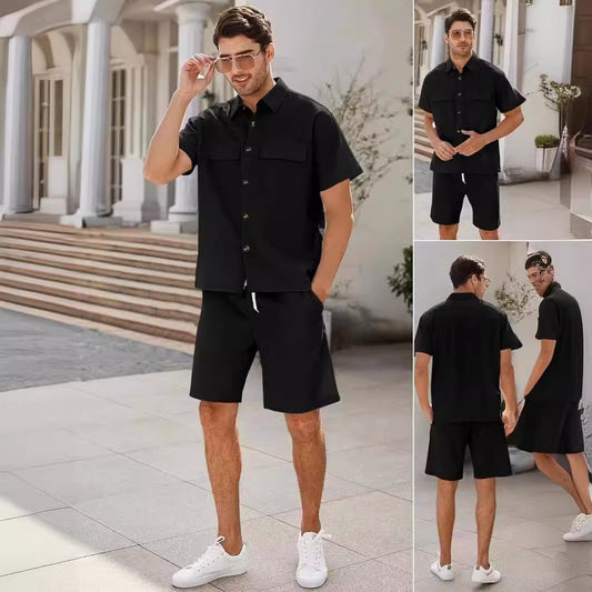 Summer Two-Piece Suit for Men – Short Sleeve Shirt & Drawstring Shorts
