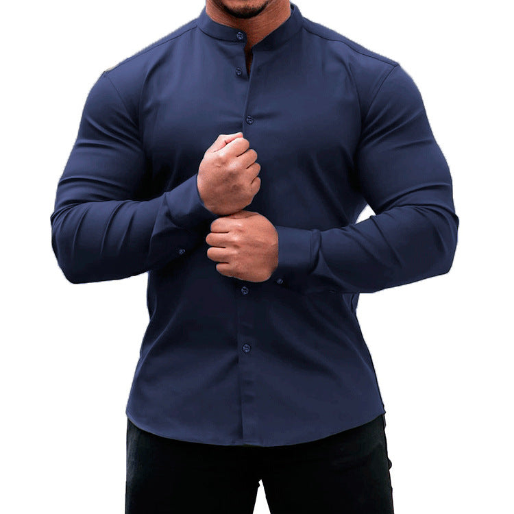 White slim fit polyester long sleeve mandarin collar shirt for men by My Store