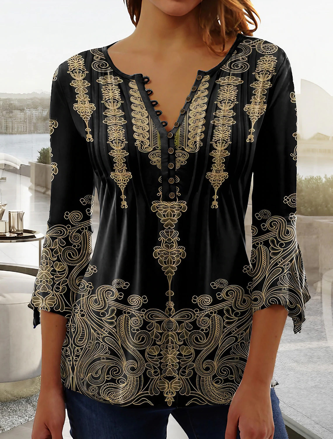 White floral V-neck pleated blouse with 3/4 sleeves and button front by Alabaster