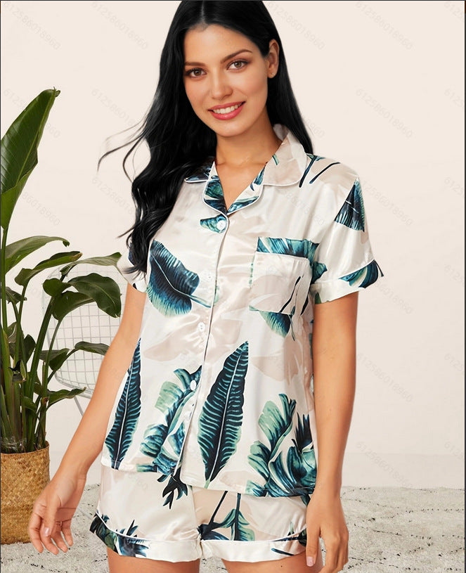 Satin Print Pajama Shorts Set - Button-Up Short Sleeve Sleepwear
