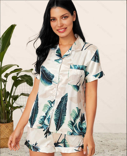 Satin Print Pajama Shorts Set - Button-Up Short Sleeve Sleepwear