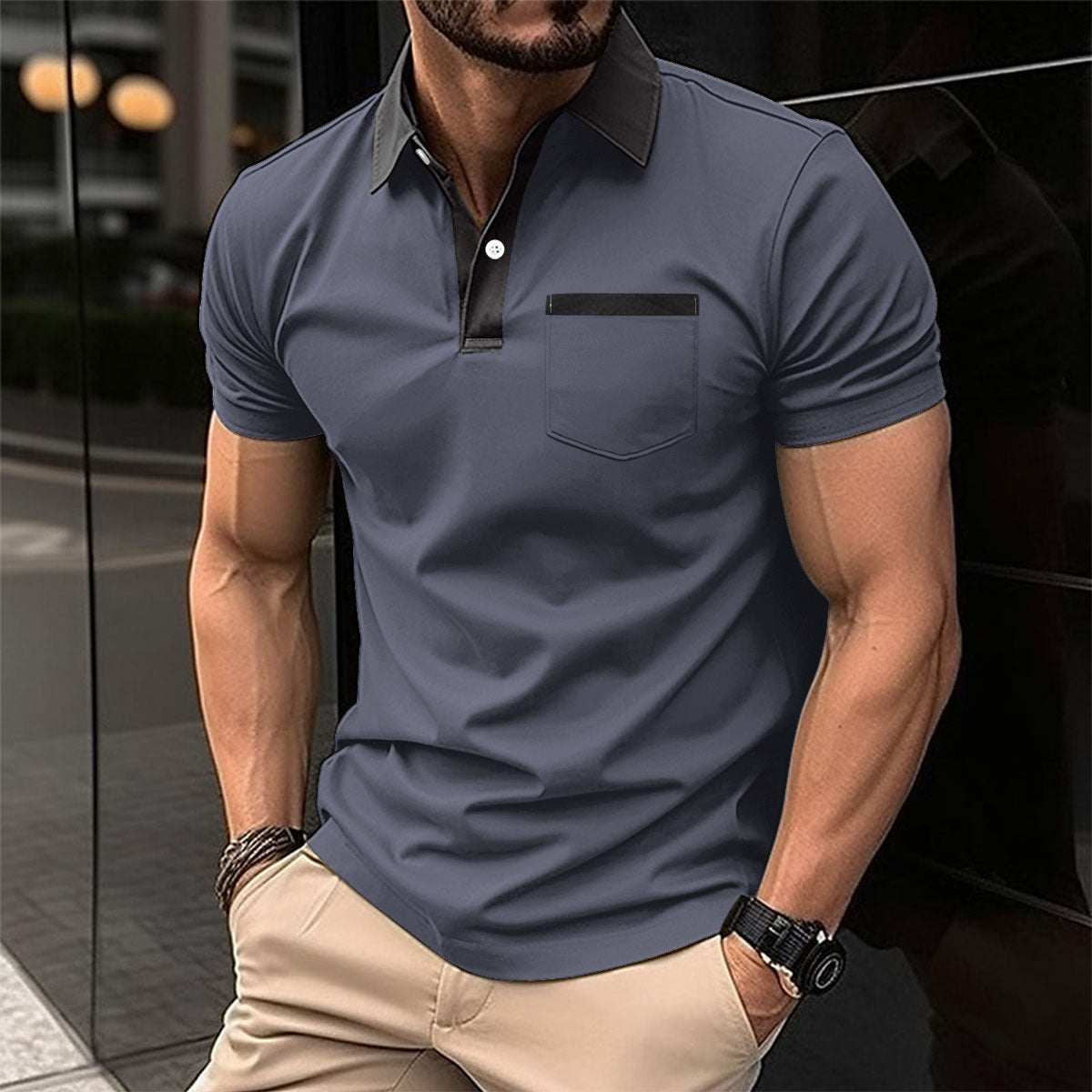 Yellow slim fit men's cotton blend polo shirt with lapel collar and chest pocket, by My Store