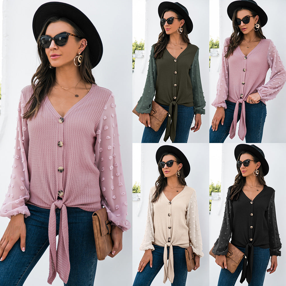 Pink tie-front puff sleeve button blouse by Alabaster, featuring a casual boho style.