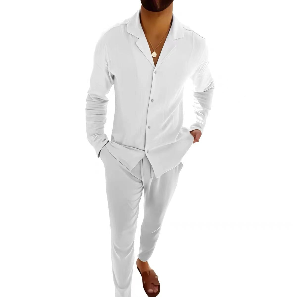 Beige cotton long sleeve lapel shirt and slim fit pants set for men by My Store, perfect for business casual wear.