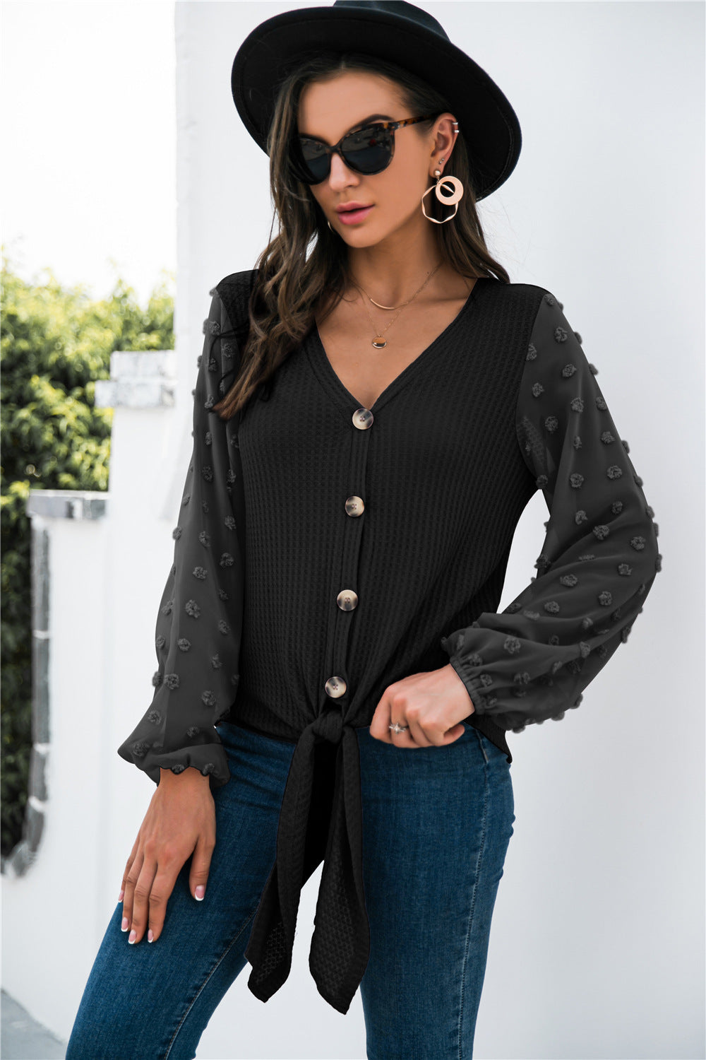 Pink tie-front puff sleeve button blouse by Alabaster, featuring a casual boho style.