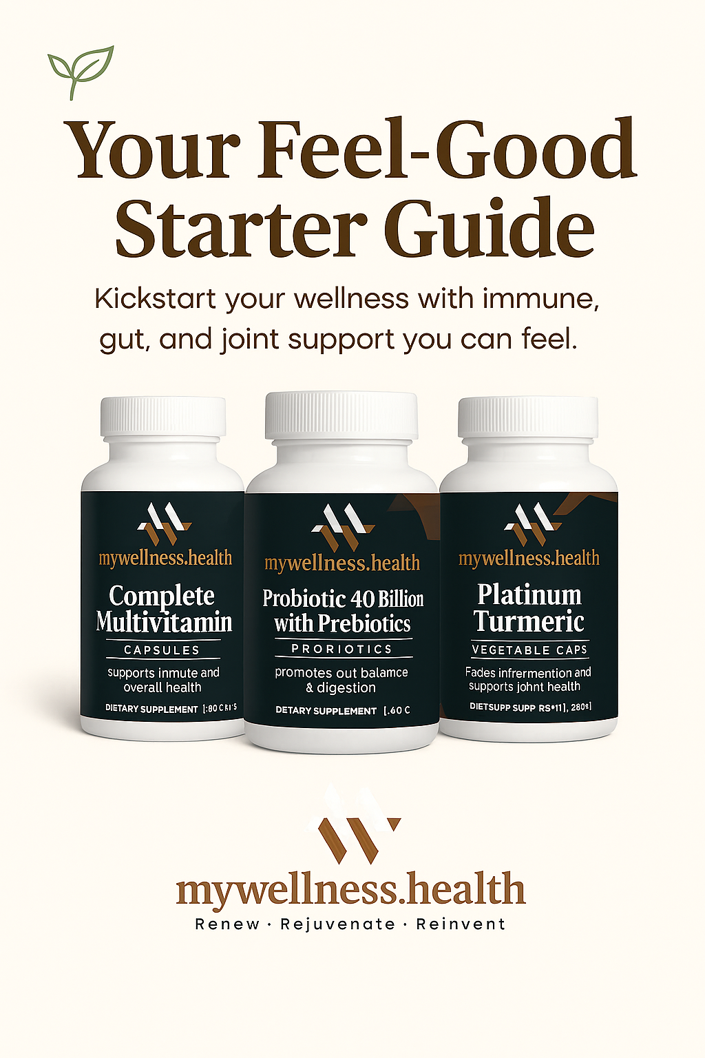 Feel-Good Starter Bundle with Complete Multivitamin, Probiotic 40 Billion with Prebiotics, and Platinum Turmeric capsules.