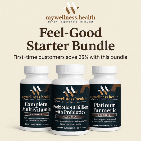 Feel-Good Starter Bundle with Complete Multivitamin, Probiotic 40 Billion, and Platinum Turmeric capsules by mywellness.heal