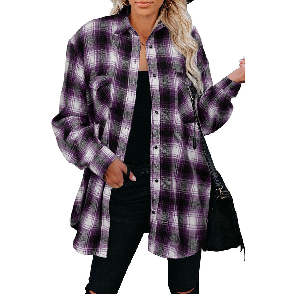 Alabaster plaid mid-length shirt jacket in black, perfect for casual fall layering.