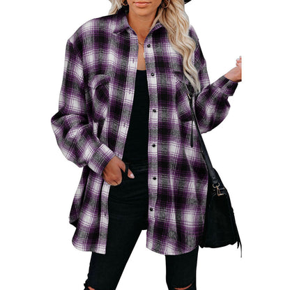 Alabaster plaid mid-length shirt jacket in black, perfect for casual fall layering.