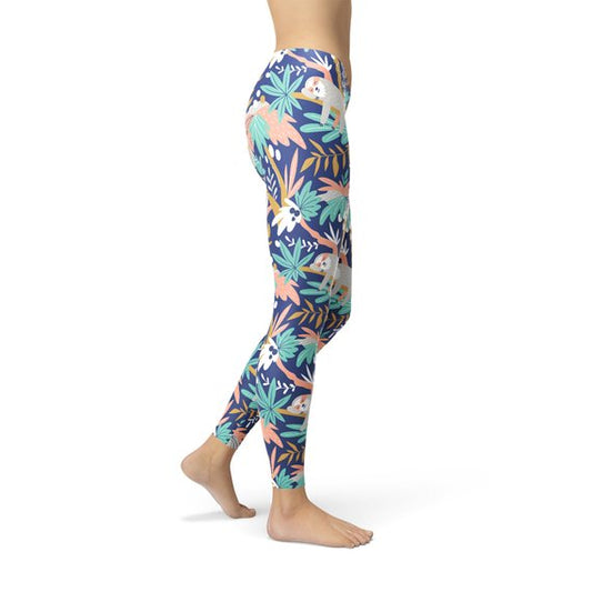 Maroon Sooty women's leggings featuring a colorful all-over sloth print, available in sizes XS, S, and M.
